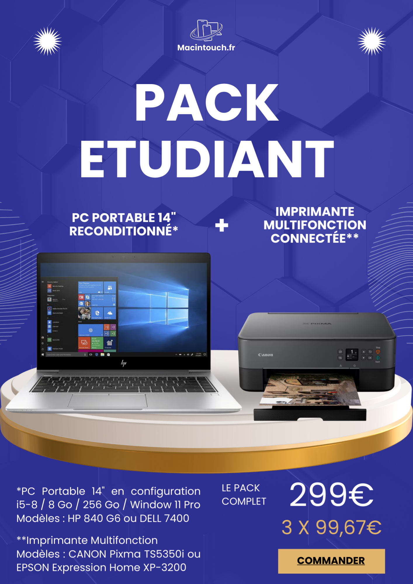 Pack Etudiant : PC Portable 14" Reconditionné + Imprimante Multifonction Connectée